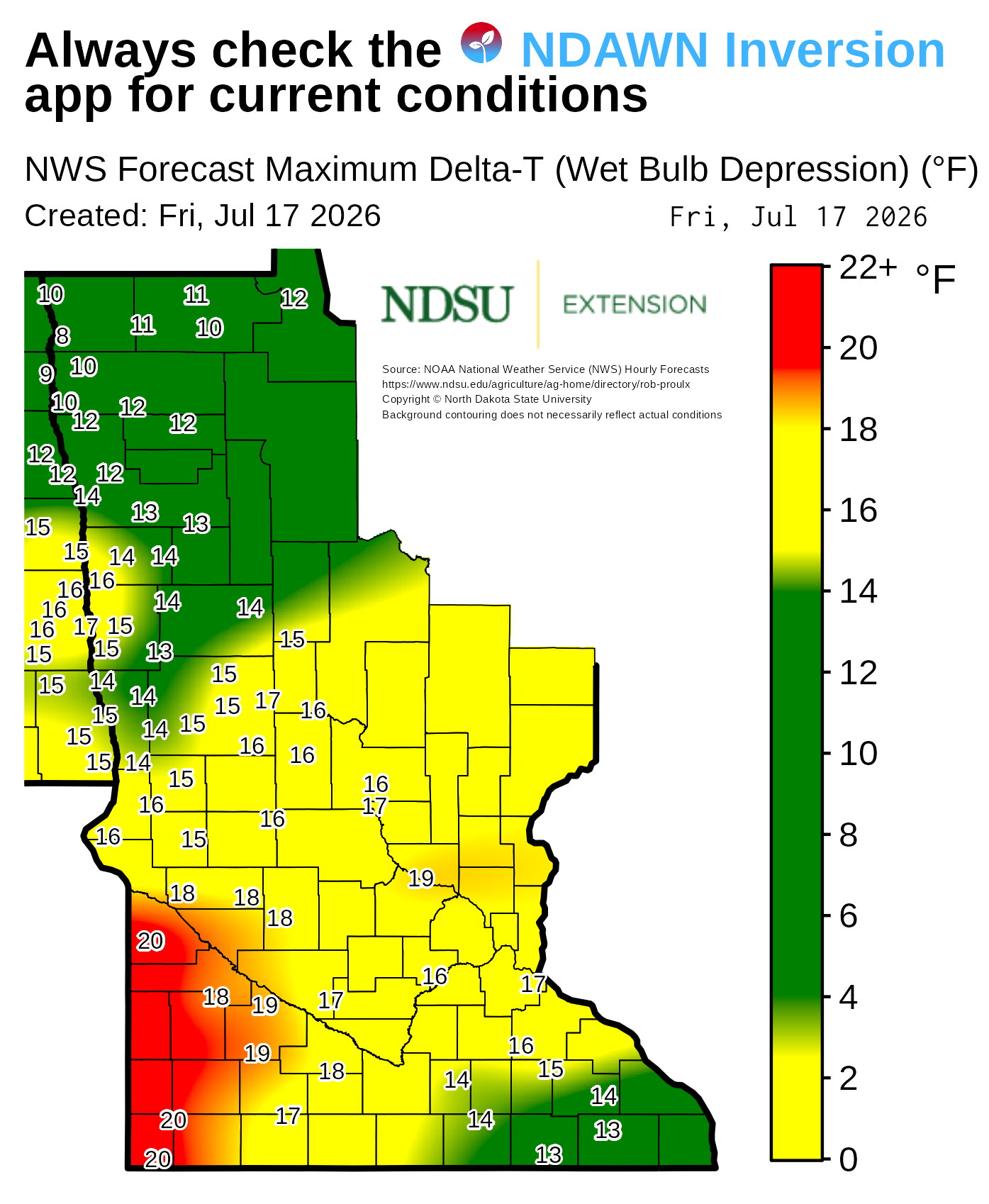 Map showing today's forecast maximum Delta‑T (wet bulb depression) values across Minnesota. County boundaries are outlined, and numerical Delta‑T values appear at many locations throughout the map. A background color gradient represents ranges of Delta‑T values, with a vertical legend on the right showing the color scale with labeled value intervals. Text at the top notes the map is based on National Weather Service forecast data. The map includes a creation date, forecast date, and NDSU Extension branding, along with a note that background contouring may not reflect actual conditions.