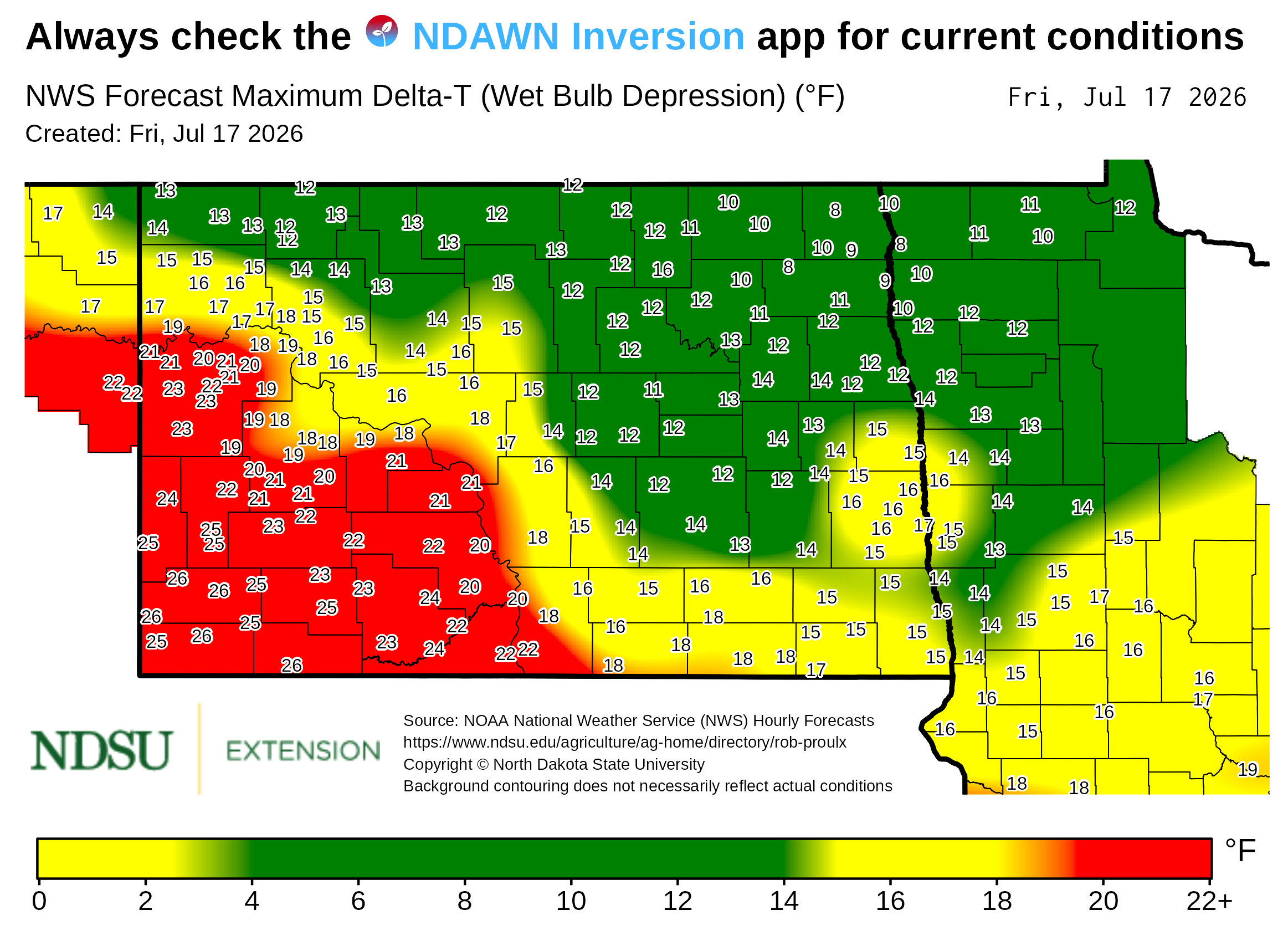 Map showing today's forecast maximum Delta‑T (wet bulb depression) values across North Dakota. County boundaries are outlined, and numerical Delta‑T values appear at many locations throughout the map. A background color gradient represents ranges of Delta‑T values, with a legend at the bottom showing the color scale with labeled value intervals. Text at the top notes the map is based on National Weather Service forecast data. The map includes a creation date, forecast date, and NDSU Extension branding, along with a note that background contouring may not reflect actual conditions.