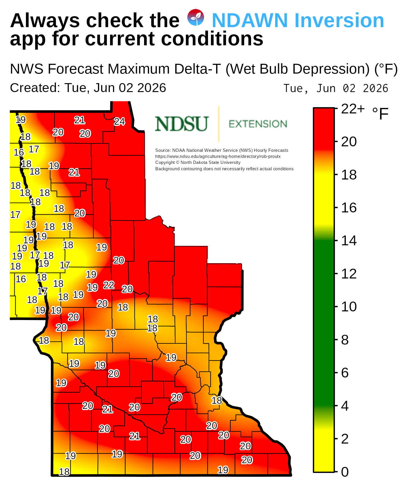 Map showing today's forecast maximum Delta‑T (wet bulb depression) values across Minnesota. County boundaries are outlined, and numerical Delta‑T values appear at many locations throughout the map. A background color gradient represents ranges of Delta‑T values, with a vertical legend on the right showing the color scale with labeled value intervals. Text at the top notes the map is based on National Weather Service forecast data. The map includes a creation date, forecast date, and NDSU Extension branding, along with a note that background contouring may not reflect actual conditions.