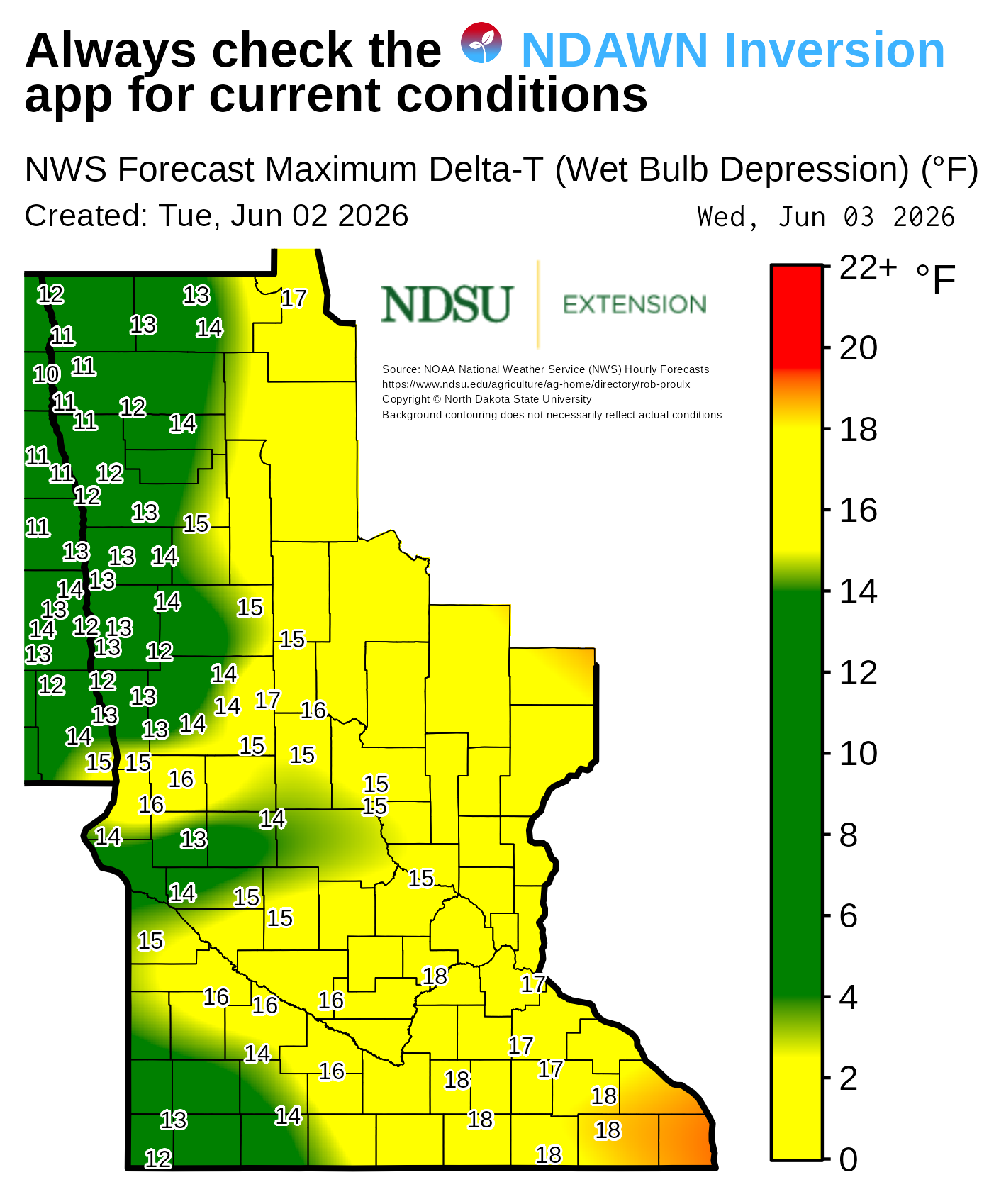 Map showing forecast maximum Delta‑T (wet bulb depression) values across Minnesota. County boundaries are outlined, and numerical Delta‑T values appear at many locations throughout the map. A background color gradient represents ranges of Delta‑T values, with a vertical legend on the right showing the color scale with labeled value intervals. Text at the top notes the map is based on National Weather Service forecast data. The map includes a creation date, forecast date, and NDSU Extension branding, along with a note that background contouring may not reflect actual conditions.