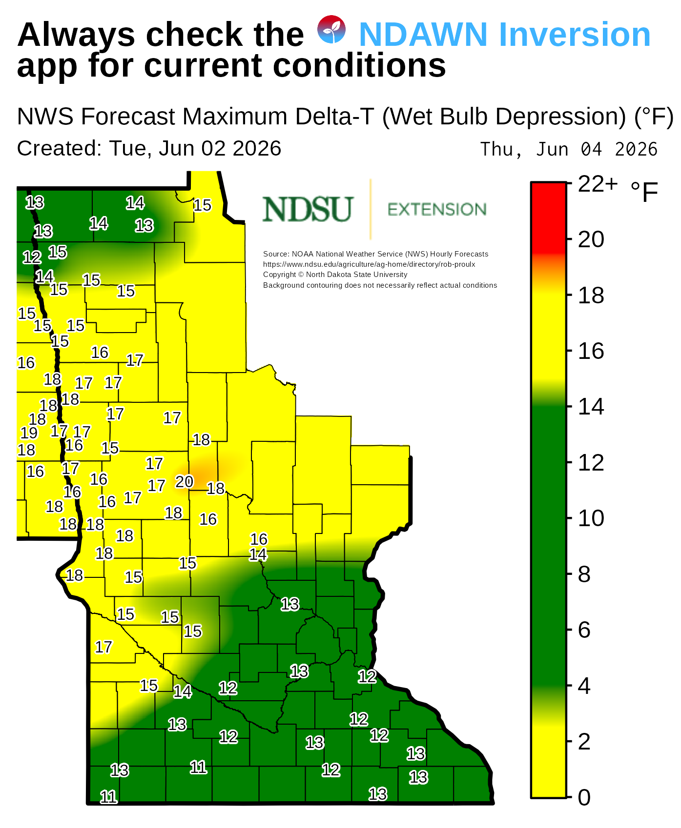Map showing forecast maximum Delta‑T (wet bulb depression) values across Minnesota. County boundaries are outlined, and numerical Delta‑T values appear at many locations throughout the map. A background color gradient represents ranges of Delta‑T values, with a vertical legend on the right showing the color scale with labeled value intervals. Text at the top notes the map is based on National Weather Service forecast data. The map includes a creation date, forecast date, and NDSU Extension branding, along with a note that background contouring may not reflect actual conditions.