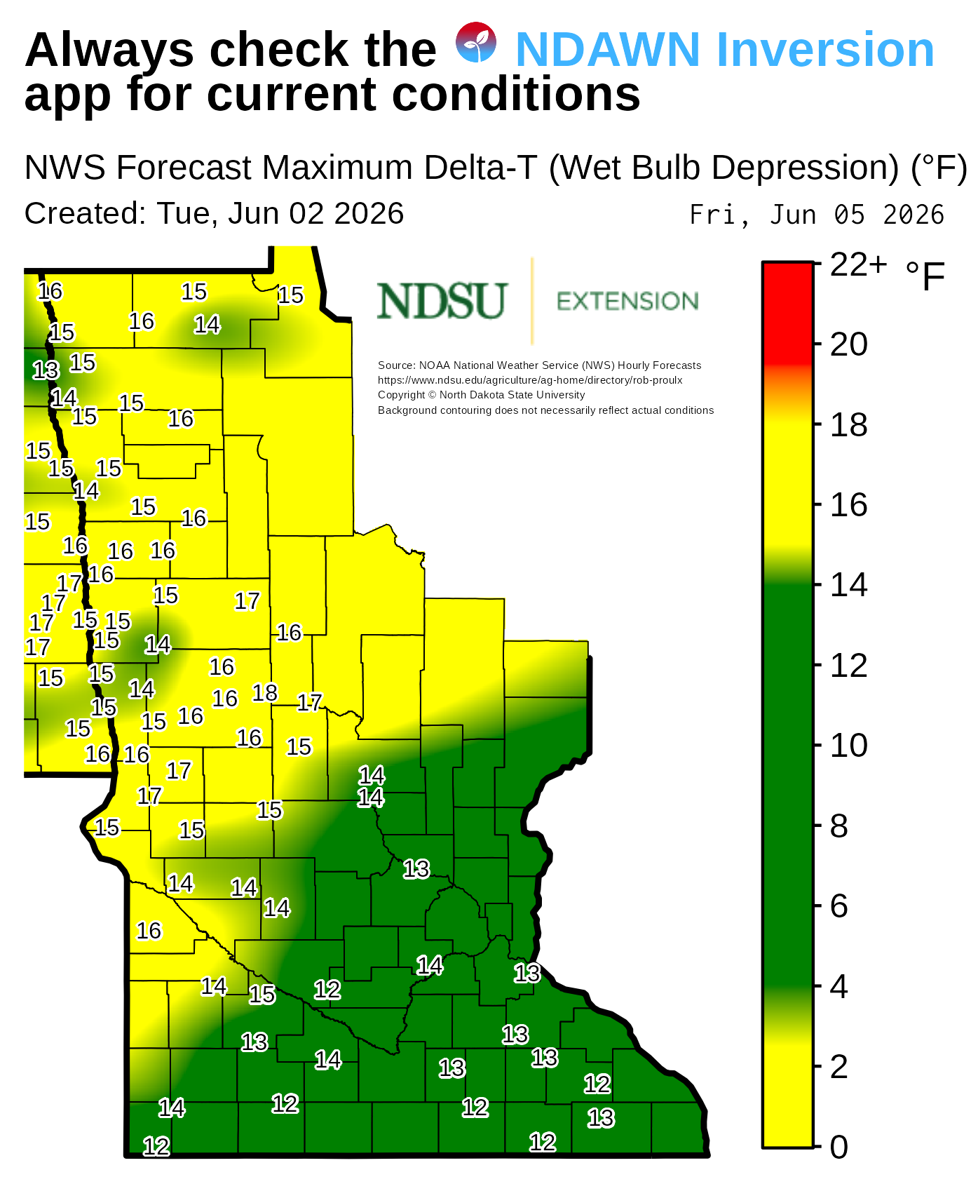 Map showing forecast maximum Delta‑T (wet bulb depression) values across Minnesota. County boundaries are outlined, and numerical Delta‑T values appear at many locations throughout the map. A background color gradient represents ranges of Delta‑T values, with a vertical legend on the right showing the color scale with labeled value intervals. Text at the top notes the map is based on National Weather Service forecast data. The map includes a creation date, forecast date, and NDSU Extension branding, along with a note that background contouring may not reflect actual conditions.