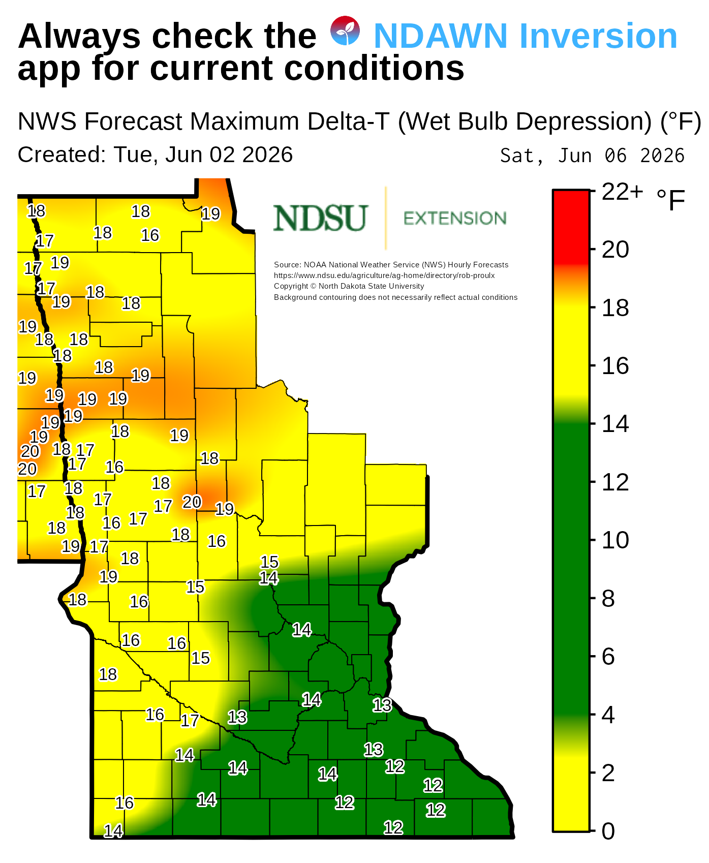 Map showing forecast maximum Delta‑T (wet bulb depression) values across Minnesota. County boundaries are outlined, and numerical Delta‑T values appear at many locations throughout the map. A background color gradient represents ranges of Delta‑T values, with a vertical legend on the right showing the color scale with labeled value intervals. Text at the top notes the map is based on National Weather Service forecast data. The map includes a creation date, forecast date, and NDSU Extension branding, along with a note that background contouring may not reflect actual conditions.