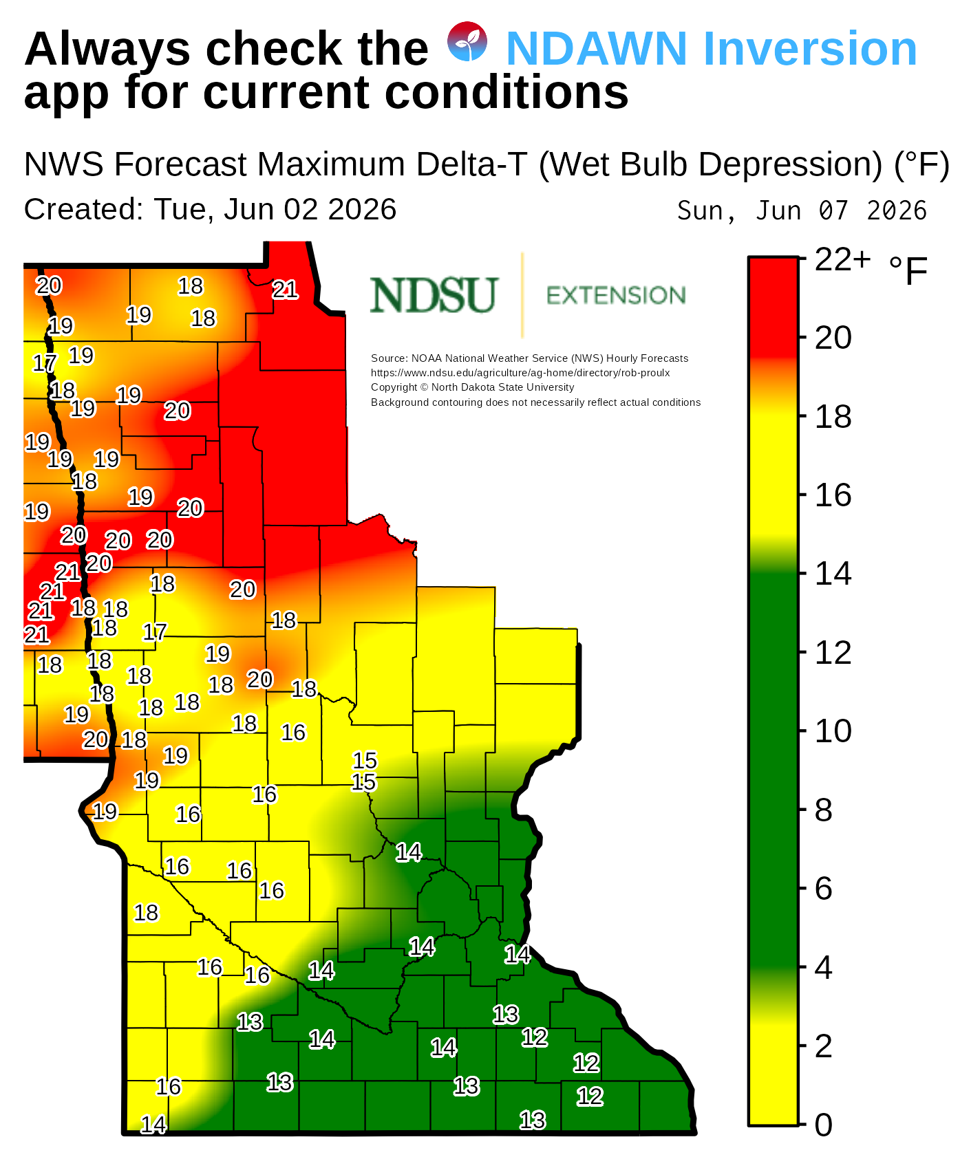 Map showing forecast maximum Delta‑T (wet bulb depression) values across Minnesota. County boundaries are outlined, and numerical Delta‑T values appear at many locations throughout the map. A background color gradient represents ranges of Delta‑T values, with a vertical legend on the right showing the color scale with labeled value intervals. Text at the top notes the map is based on National Weather Service forecast data. The map includes a creation date, forecast date, and NDSU Extension branding, along with a note that background contouring may not reflect actual conditions.