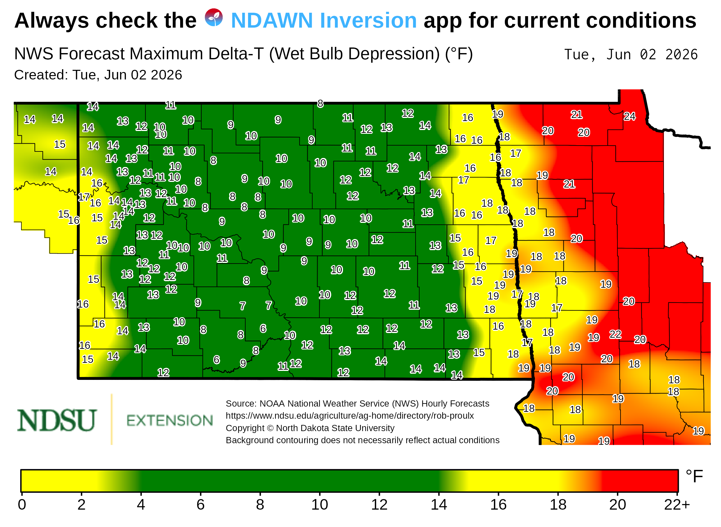 Map showing today's forecast maximum Delta‑T (wet bulb depression) values across North Dakota. County boundaries are outlined, and numerical Delta‑T values appear at many locations throughout the map. A background color gradient represents ranges of Delta‑T values, with a legend at the bottom showing the color scale with labeled value intervals. Text at the top notes the map is based on National Weather Service forecast data. The map includes a creation date, forecast date, and NDSU Extension branding, along with a note that background contouring may not reflect actual conditions.