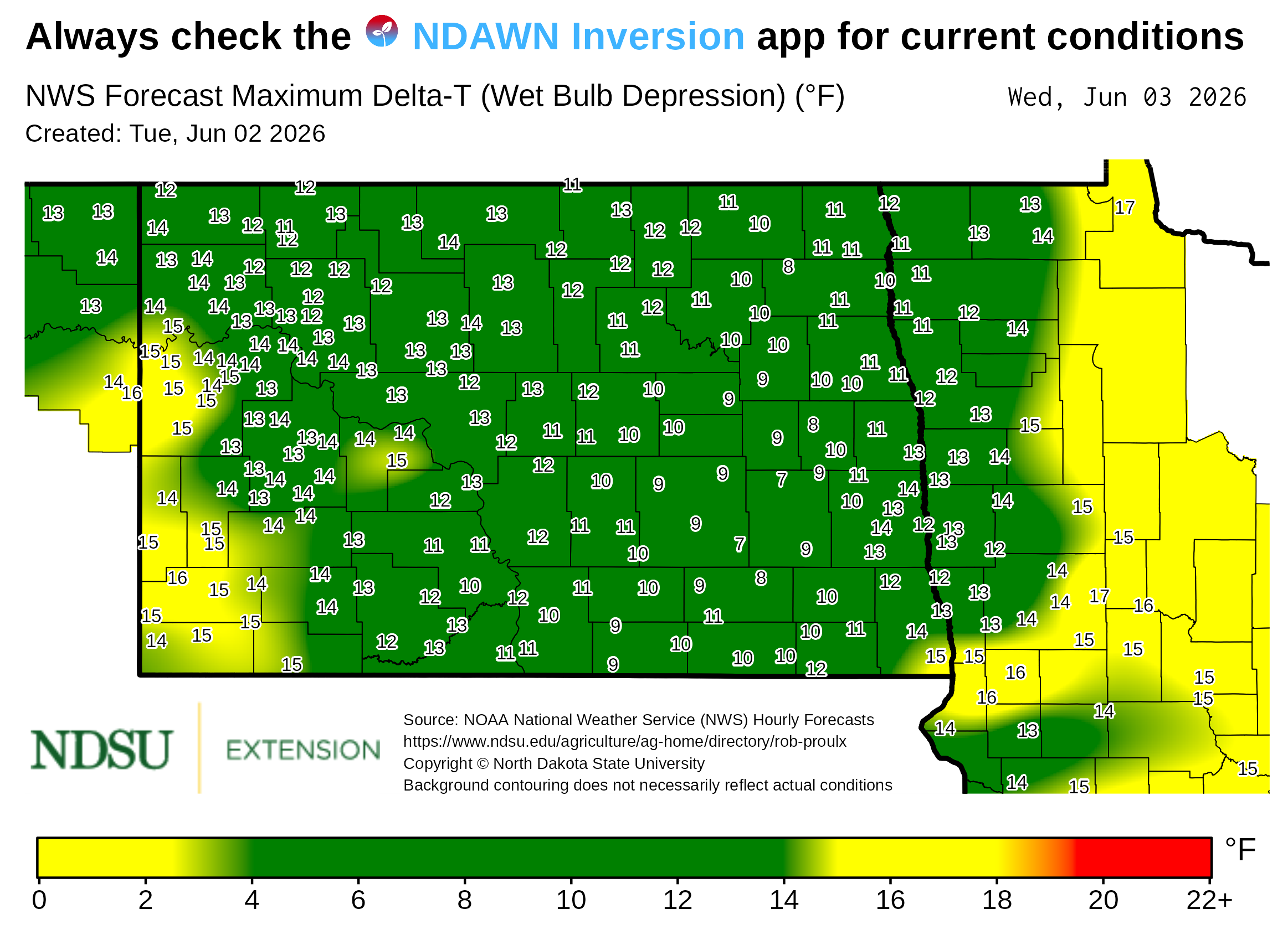Map showing forecast maximum Delta‑T (wet bulb depression) values across North Dakota. County boundaries are outlined, and numerical Delta‑T values appear at many locations throughout the map. A background color gradient represents ranges of Delta‑T values, with a legend at the bottom showing the color scale with labeled value intervals. Text at the top notes the map is based on National Weather Service forecast data. The map includes a creation date, forecast date, and NDSU Extension branding, along with a note that background contouring may not reflect actual conditions.