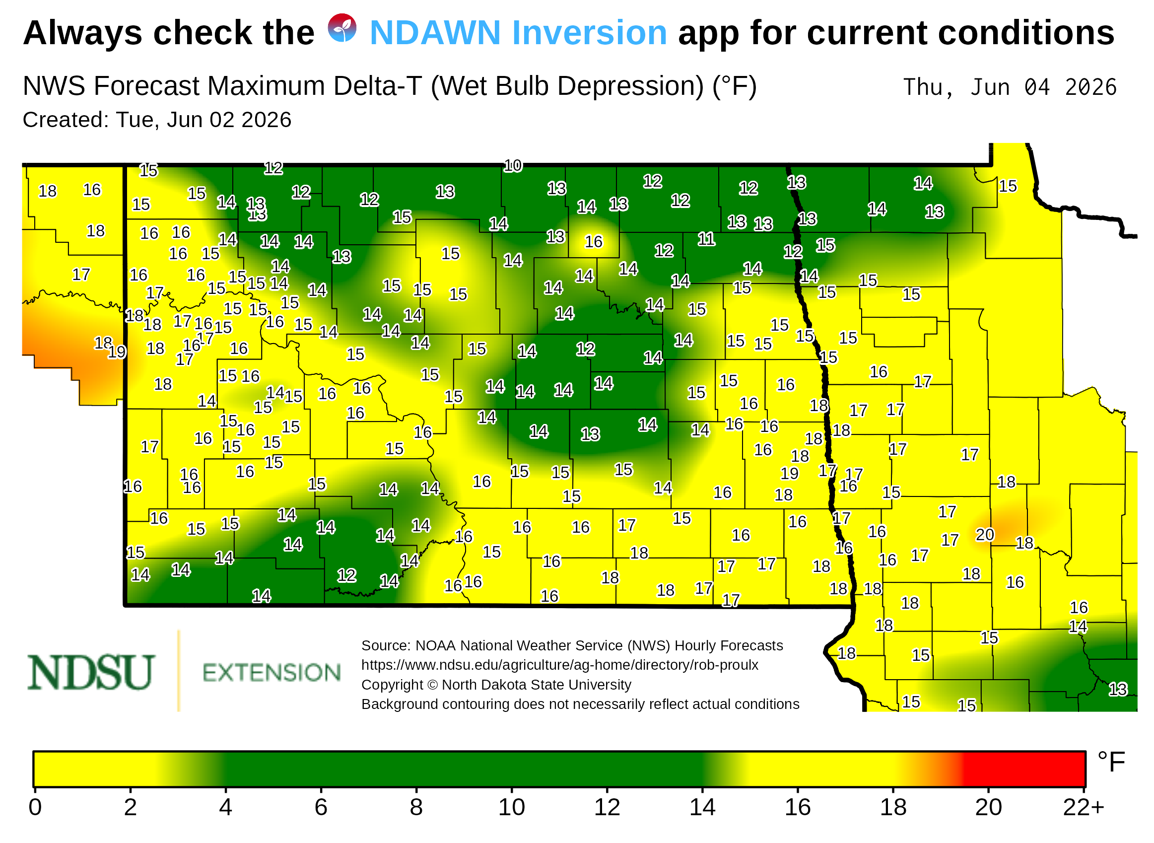 Map showing forecast maximum Delta‑T (wet bulb depression) values across North Dakota. County boundaries are outlined, and numerical Delta‑T values appear at many locations throughout the map. A background color gradient represents ranges of Delta‑T values, with a legend at the bottom showing the color scale with labeled value intervals. Text at the top notes the map is based on National Weather Service forecast data. The map includes a creation date, forecast date, and NDSU Extension branding, along with a note that background contouring may not reflect actual conditions.
