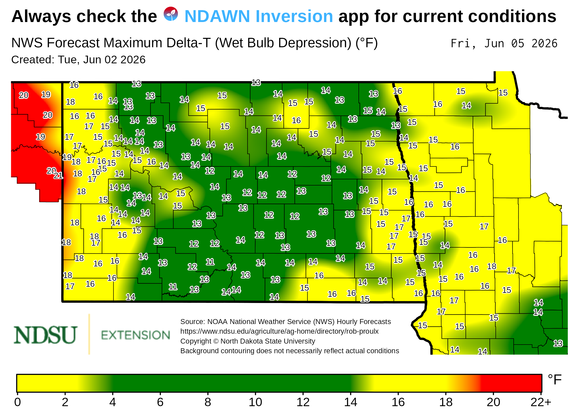 Map showing forecast maximum Delta‑T (wet bulb depression) values across North Dakota. County boundaries are outlined, and numerical Delta‑T values appear at many locations throughout the map. A background color gradient represents ranges of Delta‑T values, with a legend at the bottom showing the color scale with labeled value intervals. Text at the top notes the map is based on National Weather Service forecast data. The map includes a creation date, forecast date, and NDSU Extension branding, along with a note that background contouring may not reflect actual conditions.
