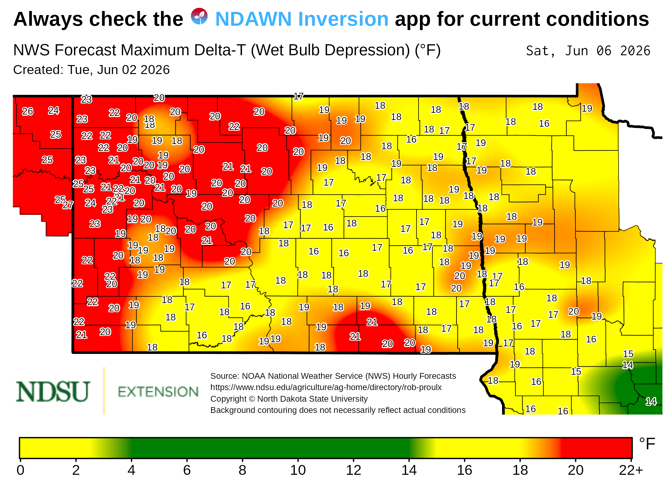 Map showing forecast maximum Delta‑T (wet bulb depression) values across North Dakota. County boundaries are outlined, and numerical Delta‑T values appear at many locations throughout the map. A background color gradient represents ranges of Delta‑T values, with a legend at the bottom showing the color scale with labeled value intervals. Text at the top notes the map is based on National Weather Service forecast data. The map includes a creation date, forecast date, and NDSU Extension branding, along with a note that background contouring may not reflect actual conditions.