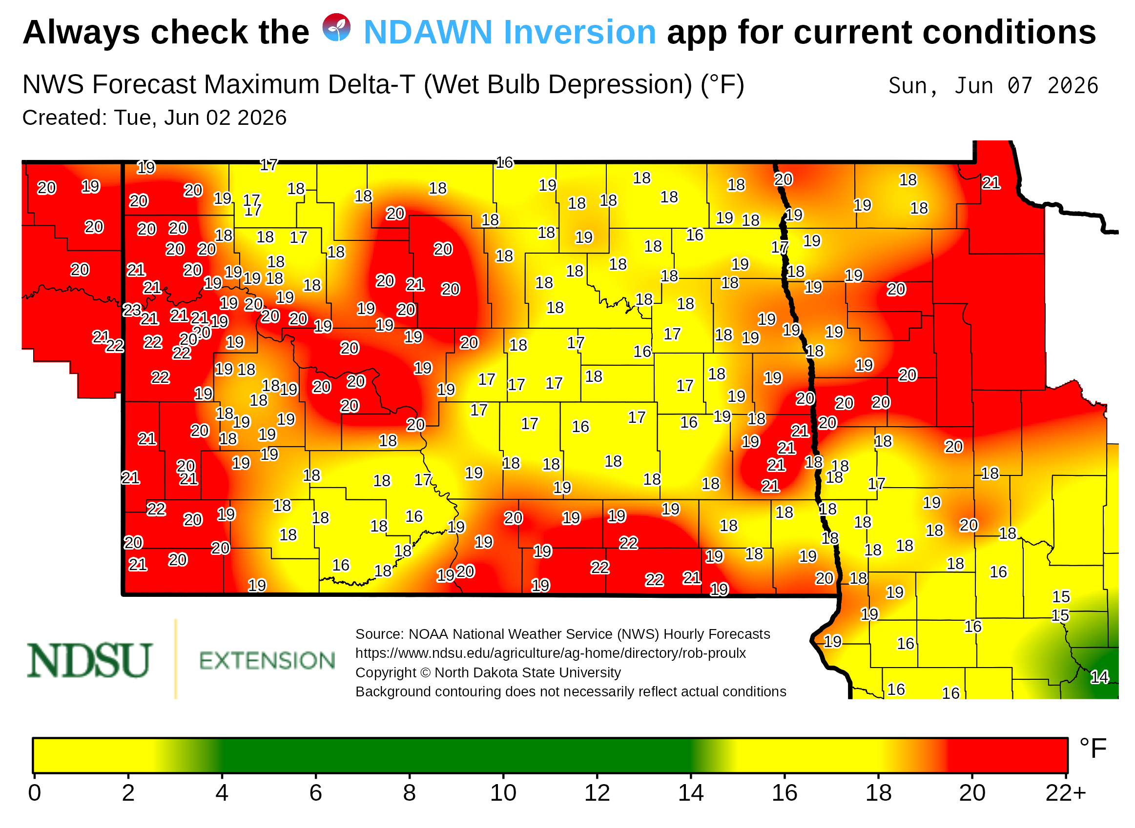 Map showing forecast maximum Delta‑T (wet bulb depression) values across North Dakota. County boundaries are outlined, and numerical Delta‑T values appear at many locations throughout the map. A background color gradient represents ranges of Delta‑T values, with a legend at the bottom showing the color scale with labeled value intervals. Text at the top notes the map is based on National Weather Service forecast data. The map includes a creation date, forecast date, and NDSU Extension branding, along with a note that background contouring may not reflect actual conditions.