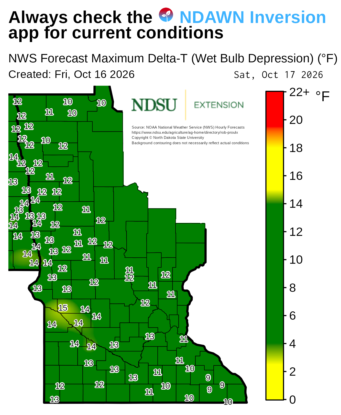 Map showing forecast maximum Delta‑T (wet bulb depression) values across Minnesota. County boundaries are outlined, and numerical Delta‑T values appear at many locations throughout the map. A background color gradient represents ranges of Delta‑T values, with a vertical legend on the right showing the color scale with labeled value intervals. Text at the top notes the map is based on National Weather Service forecast data. The map includes a creation date, forecast date, and NDSU Extension branding, along with a note that background contouring may not reflect actual conditions.