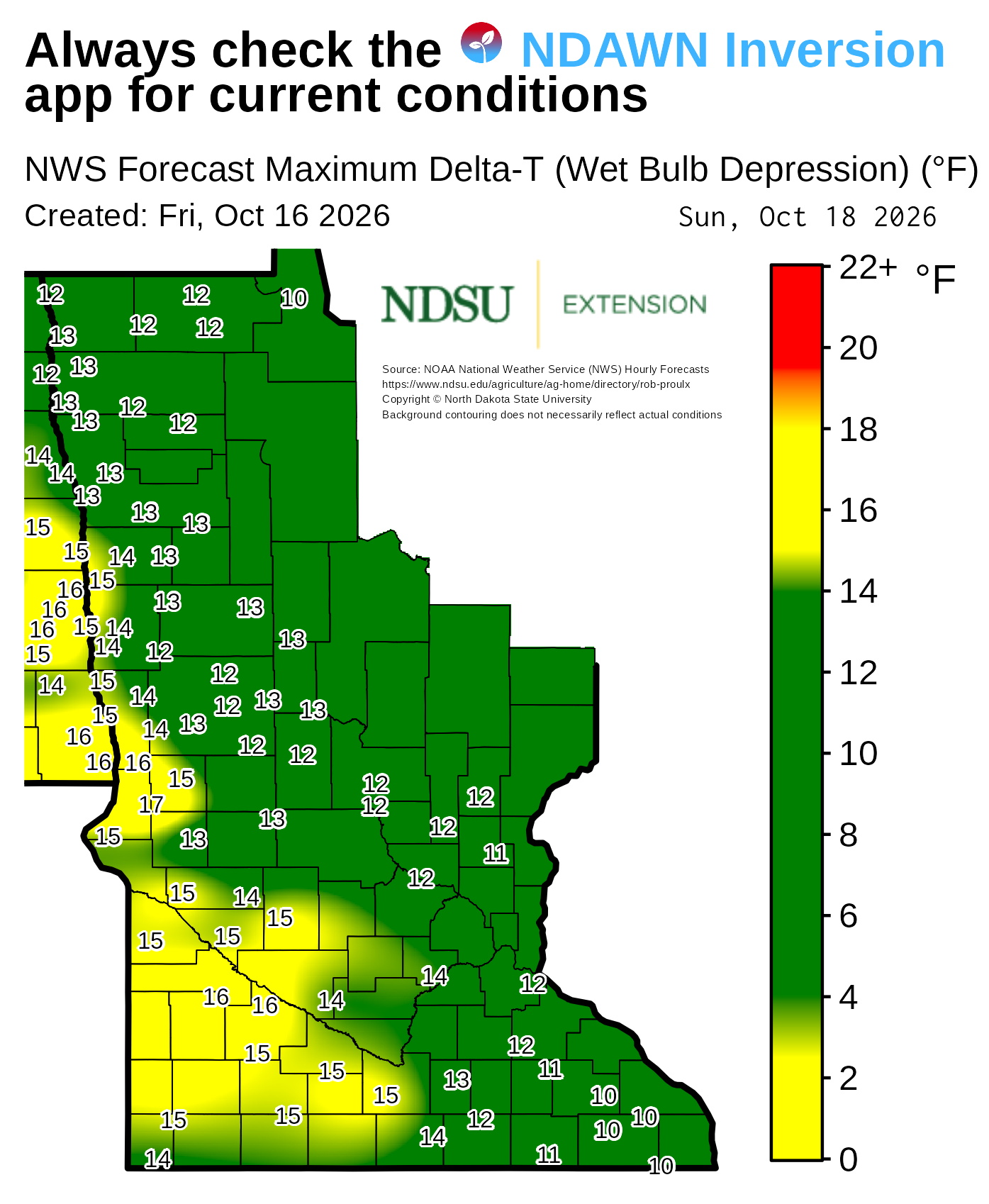 Map showing forecast maximum Delta‑T (wet bulb depression) values across Minnesota. County boundaries are outlined, and numerical Delta‑T values appear at many locations throughout the map. A background color gradient represents ranges of Delta‑T values, with a vertical legend on the right showing the color scale with labeled value intervals. Text at the top notes the map is based on National Weather Service forecast data. The map includes a creation date, forecast date, and NDSU Extension branding, along with a note that background contouring may not reflect actual conditions.