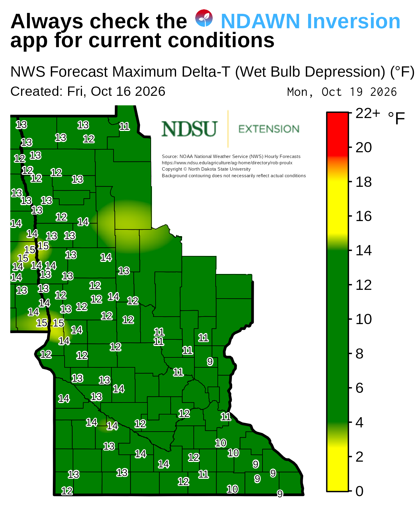 Map showing forecast maximum Delta‑T (wet bulb depression) values across Minnesota. County boundaries are outlined, and numerical Delta‑T values appear at many locations throughout the map. A background color gradient represents ranges of Delta‑T values, with a vertical legend on the right showing the color scale with labeled value intervals. Text at the top notes the map is based on National Weather Service forecast data. The map includes a creation date, forecast date, and NDSU Extension branding, along with a note that background contouring may not reflect actual conditions.