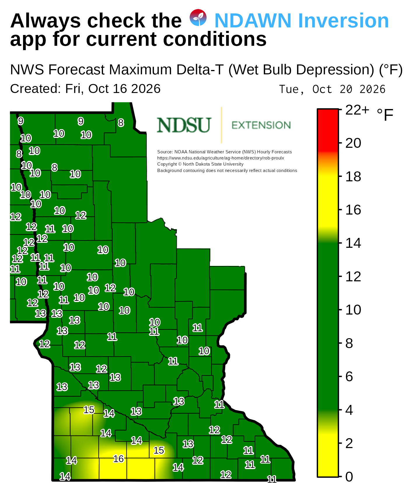 Map showing forecast maximum Delta‑T (wet bulb depression) values across Minnesota. County boundaries are outlined, and numerical Delta‑T values appear at many locations throughout the map. A background color gradient represents ranges of Delta‑T values, with a vertical legend on the right showing the color scale with labeled value intervals. Text at the top notes the map is based on National Weather Service forecast data. The map includes a creation date, forecast date, and NDSU Extension branding, along with a note that background contouring may not reflect actual conditions.