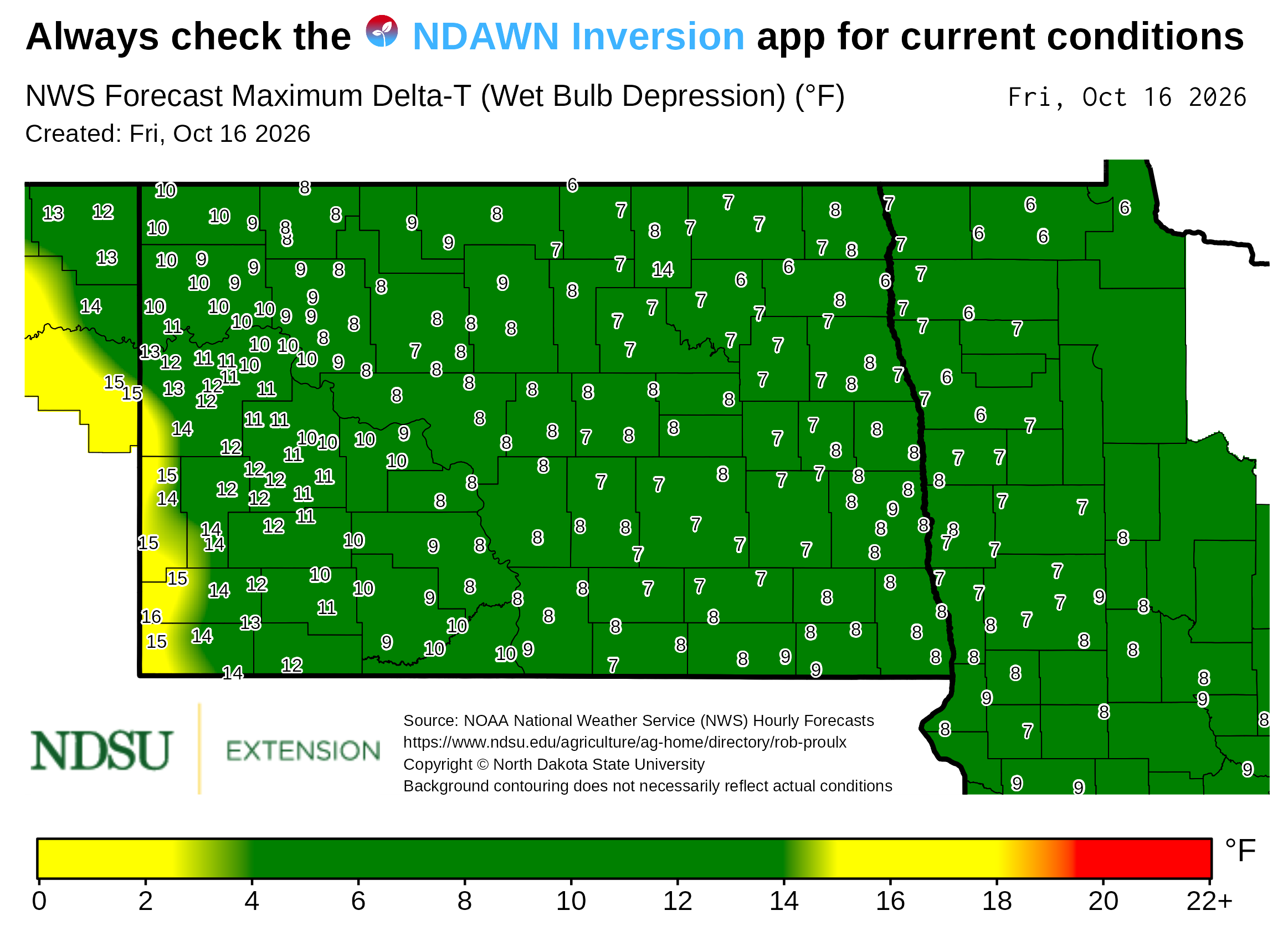 Map showing today's forecast maximum Delta‑T (wet bulb depression) values across North Dakota. County boundaries are outlined, and numerical Delta‑T values appear at many locations throughout the map. A background color gradient represents ranges of Delta‑T values, with a legend at the bottom showing the color scale with labeled value intervals. Text at the top notes the map is based on National Weather Service forecast data. The map includes a creation date, forecast date, and NDSU Extension branding, along with a note that background contouring may not reflect actual conditions.