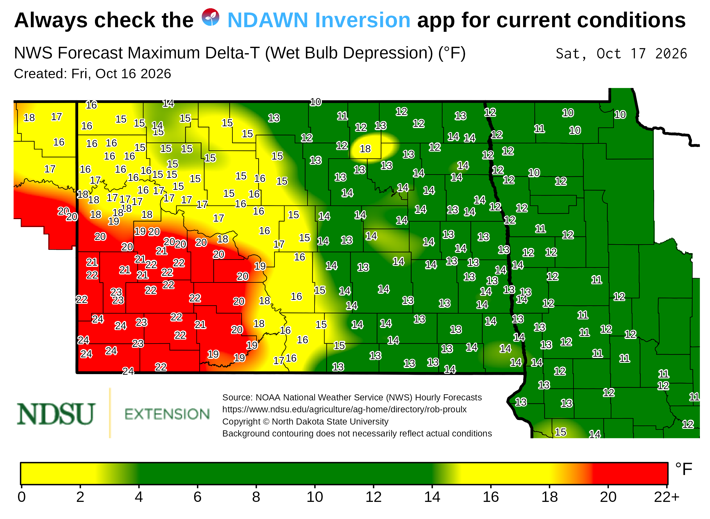 Map showing forecast maximum Delta‑T (wet bulb depression) values across North Dakota. County boundaries are outlined, and numerical Delta‑T values appear at many locations throughout the map. A background color gradient represents ranges of Delta‑T values, with a legend at the bottom showing the color scale with labeled value intervals. Text at the top notes the map is based on National Weather Service forecast data. The map includes a creation date, forecast date, and NDSU Extension branding, along with a note that background contouring may not reflect actual conditions.