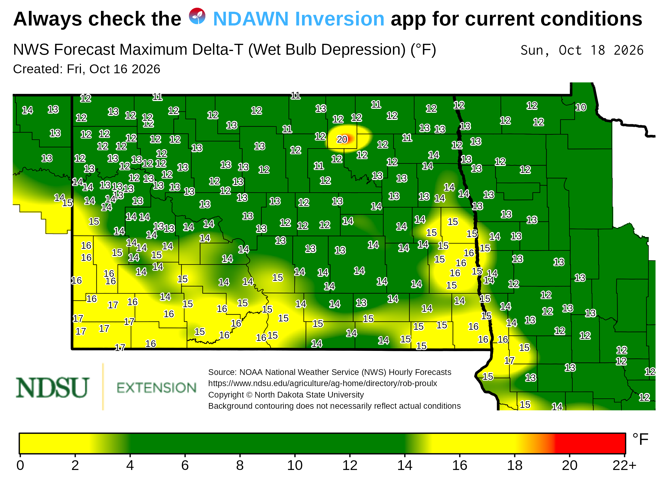 Map showing forecast maximum Delta‑T (wet bulb depression) values across North Dakota. County boundaries are outlined, and numerical Delta‑T values appear at many locations throughout the map. A background color gradient represents ranges of Delta‑T values, with a legend at the bottom showing the color scale with labeled value intervals. Text at the top notes the map is based on National Weather Service forecast data. The map includes a creation date, forecast date, and NDSU Extension branding, along with a note that background contouring may not reflect actual conditions.