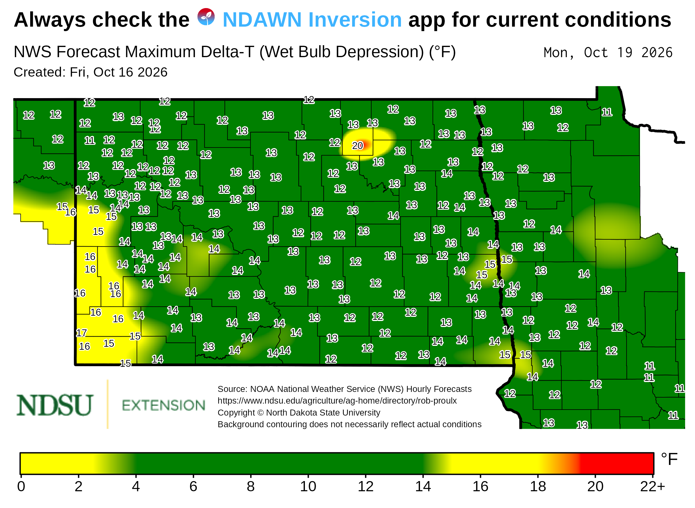 Map showing forecast maximum Delta‑T (wet bulb depression) values across North Dakota. County boundaries are outlined, and numerical Delta‑T values appear at many locations throughout the map. A background color gradient represents ranges of Delta‑T values, with a legend at the bottom showing the color scale with labeled value intervals. Text at the top notes the map is based on National Weather Service forecast data. The map includes a creation date, forecast date, and NDSU Extension branding, along with a note that background contouring may not reflect actual conditions.