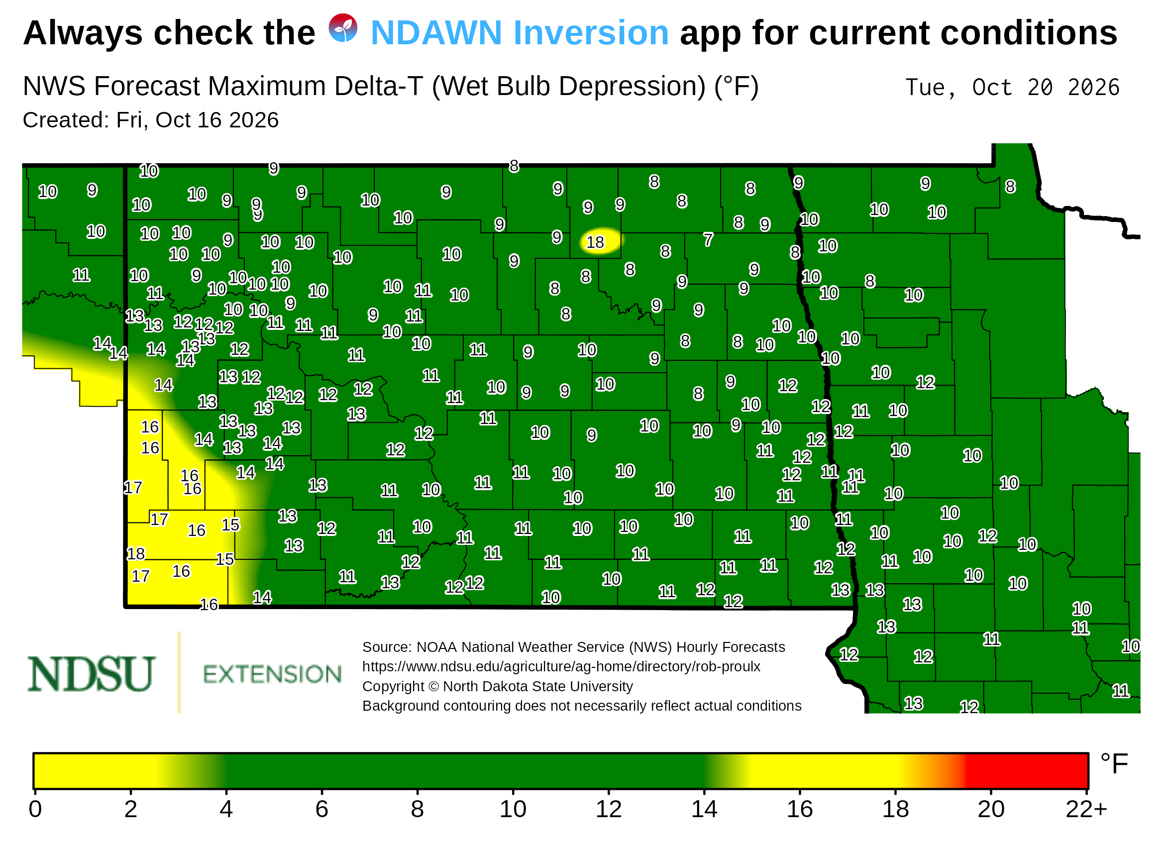 Map showing forecast maximum Delta‑T (wet bulb depression) values across North Dakota. County boundaries are outlined, and numerical Delta‑T values appear at many locations throughout the map. A background color gradient represents ranges of Delta‑T values, with a legend at the bottom showing the color scale with labeled value intervals. Text at the top notes the map is based on National Weather Service forecast data. The map includes a creation date, forecast date, and NDSU Extension branding, along with a note that background contouring may not reflect actual conditions.