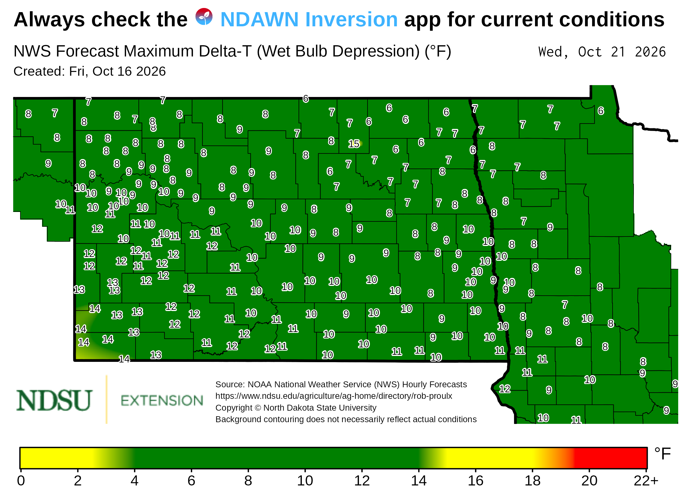 Map showing forecast maximum Delta‑T (wet bulb depression) values across North Dakota. County boundaries are outlined, and numerical Delta‑T values appear at many locations throughout the map. A background color gradient represents ranges of Delta‑T values, with a legend at the bottom showing the color scale with labeled value intervals. Text at the top notes the map is based on National Weather Service forecast data. The map includes a creation date, forecast date, and NDSU Extension branding, along with a note that background contouring may not reflect actual conditions.